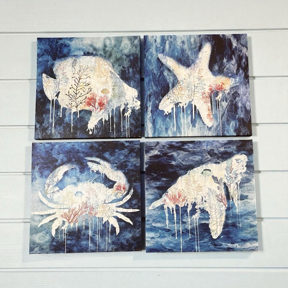 Set of 4 Coastal Sea Life Canvas Art Sea Turtle Crab Starfish Ocean Wall Decor